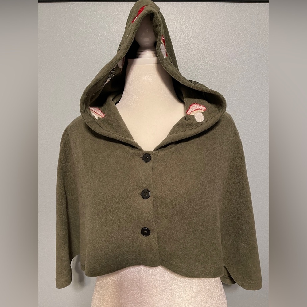 Romwe Cropped Fleece Hooded Cardigan Green Mushroom Embroidered Jacket Small